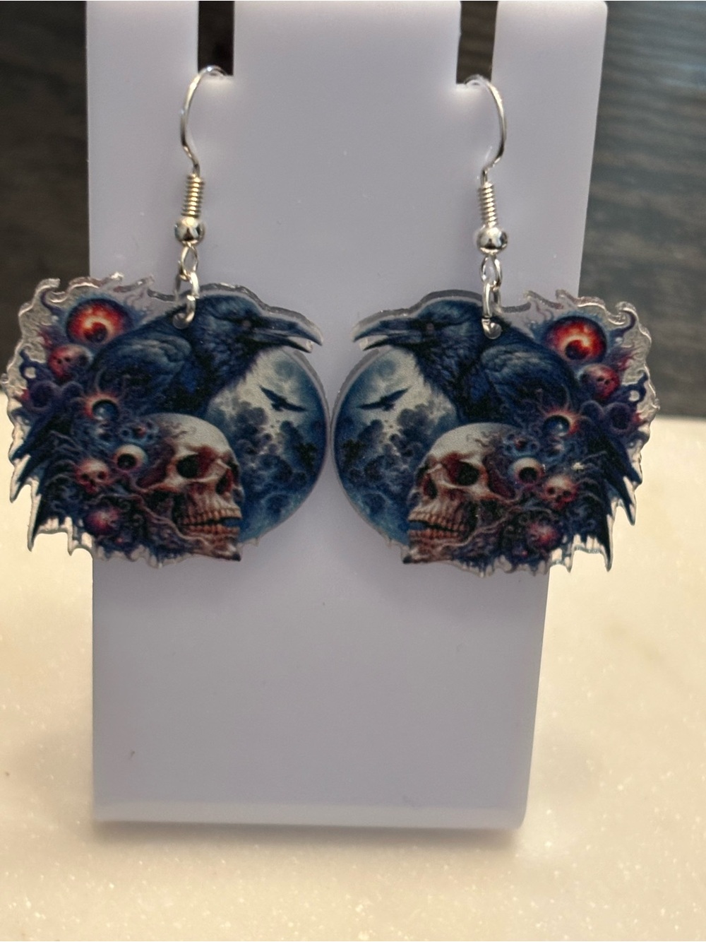 Title: Raven Skull Full Moon Acrylic Dangle Earrings | Gothic Skull & Raven | Si